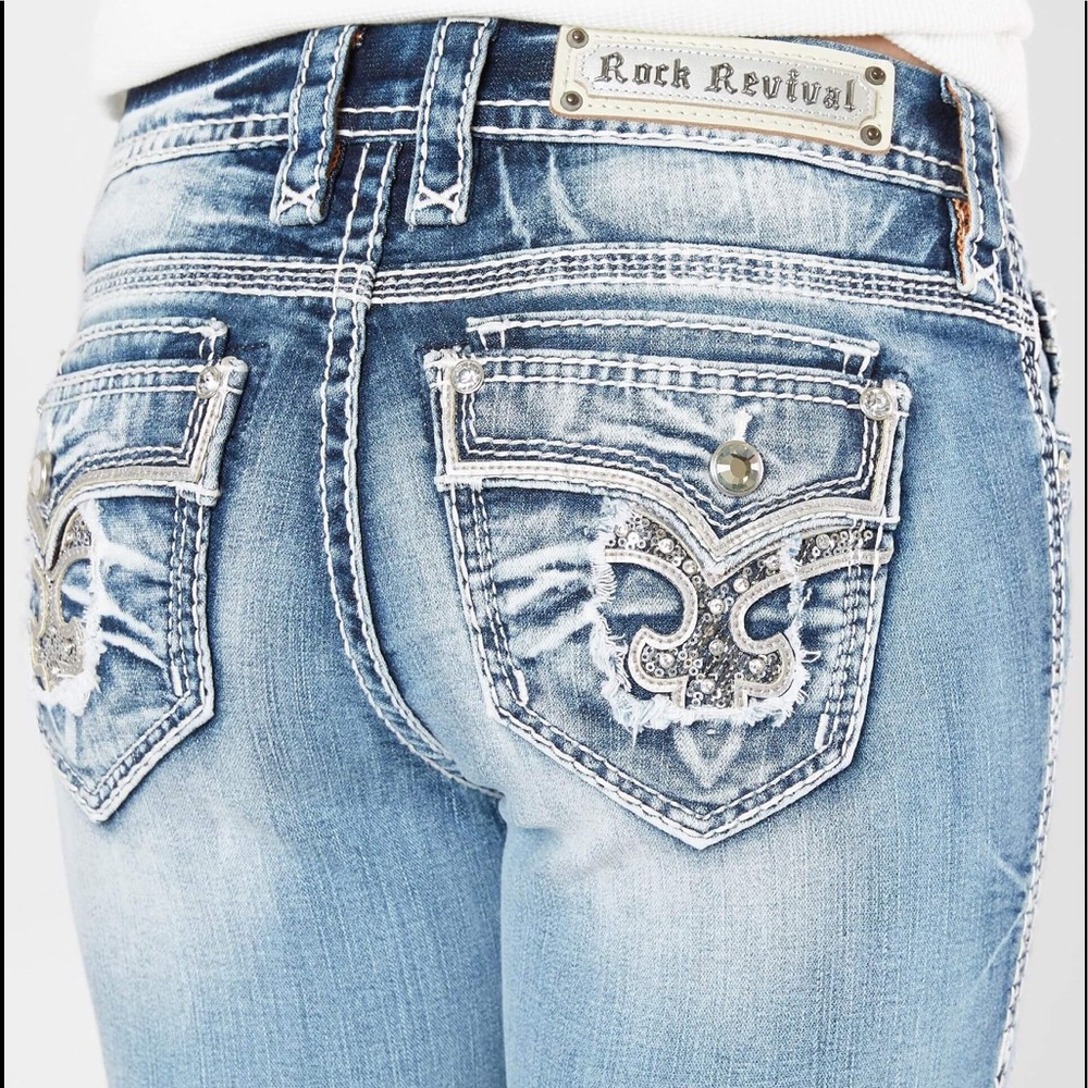 Rock Revival Silver and Blue Ankle Jeans with Embellished Back
